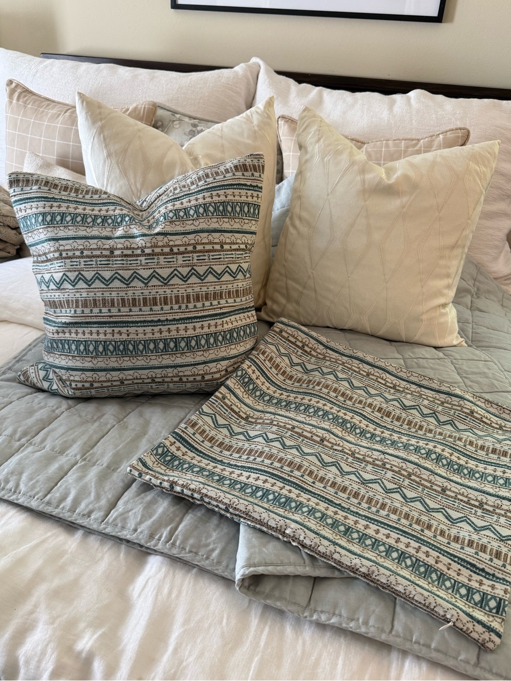 Neutral Cream & Teal Patterned Decorative Pillow cover Set
